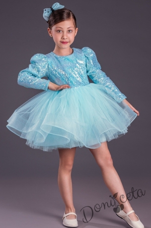 Официална детска къса рокля с дълъг ръкав в светлосиньо с пайети Людмила 4