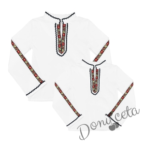 Комплект от мъжка и детска етно риза с дълъг ръкав в бяло с фолклорни мотиви