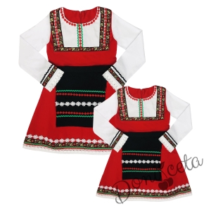 Комплект от дамска и детска народна носия 44-сукман в червено и престилка в черно с фолклорни/етно мотиви 