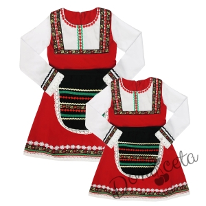 Комплект от дамска и детска народна носия 66-сукман в червено и престилка в черно с фолклорни/етно мотиви  1