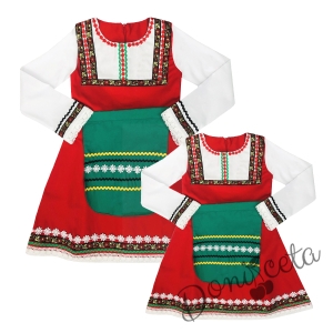 Комплект от дамска и детска народна носия 45-сукман в червено и престилка в зелено с фолклорни/етно мотиви 