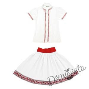Комплект за момиче от 2 части- пола в бяло и риза с къс ръкав и къдрици с фолклорни/етно мотиви  2
