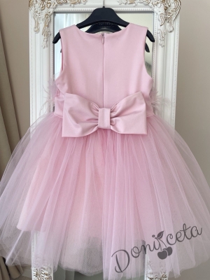 Празнична детска рокля без ръкав с богат тюл и пера в розово Анелия3