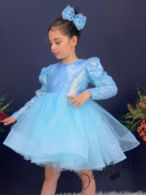 Официална детска къса рокля с дълъг ръкав в светлосиньо с пайети Людмила5