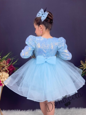 Официална детска къса рокля с дълъг ръкав в светлосиньо с пайети Людмила6