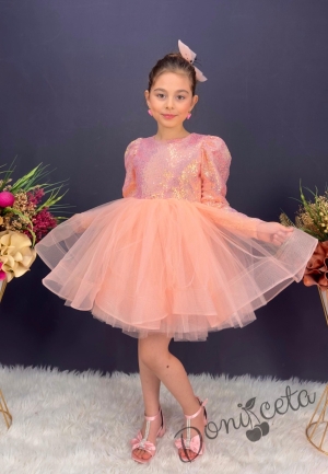 Официална детска къса рокля с дълъг ръкав в прасковено с пайети Людмила9