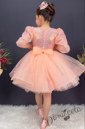 Официална детска къса рокля с дълъг ръкав в прасковено с пайети Людмила10