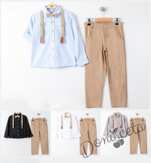 Комплект за момче от риза в светлосиньо, панталон, тиранти и папийонка в бежово 544536453 3