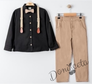 Комплект за момче от риза в черно, панталон, тиранти и папийонка в бежово 544536457
