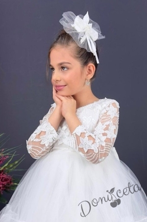 Детска рокля с ръкав 7-8 в бяло и панделка за коса Алесия 2