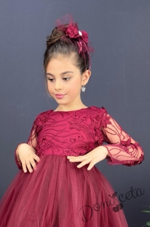 Детска рокля с ръкав 7-8 в бордо и панделка за коса Алесия 2