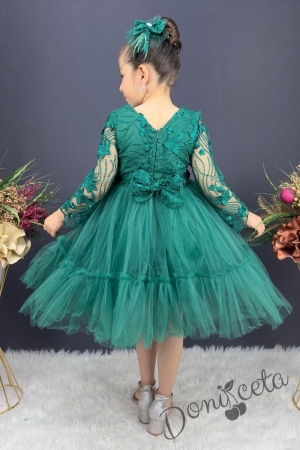 Детска рокля с ръкав 7-8 в зелено и панделка за коса Алесия 4