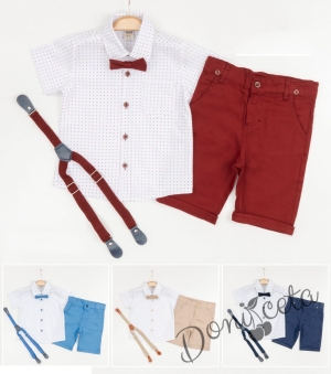Летен комплект за момче от панталон в бежово, риза в бяло и орнаменти, тиранти и папийонка  467478378 2