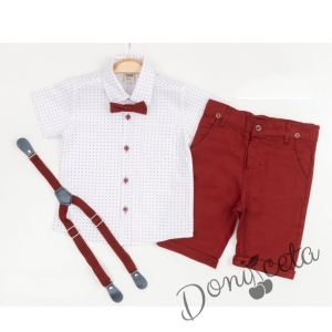 Летен комплект за момче от панталон в бордо, риза в бяло и орнаменти, тиранти и папийонка  46747837389 1