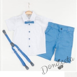 Летен комплект за момче от панталон в светлосиньо, риза в бяло и орнаменти, тиранти и папийонка 46747837377 1
