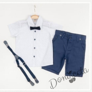 Летен комплект за момче от панталон в тъмносиньо, риза в бяло и орнаменти, тиранти и папийонка 46747837372 1