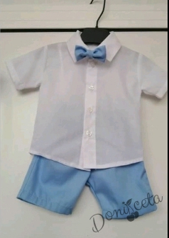 Детски комплект от риза в бяло и къси панталонки и папийонка в светлосиньо 1
