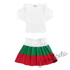 Комплект за момиче от детска пола в бяло, зелено и червено и блуза в бяло с дълъг ръкав и къдрици 1
