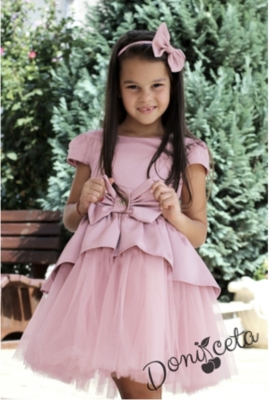 Официална детска/бебешка рокля с къс ръкав и тюл в розово Надежда 