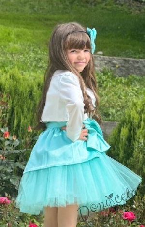 Комплект от детска официална рокля с къс ръкав и тюл в тюркоаз Надежда с болеро4