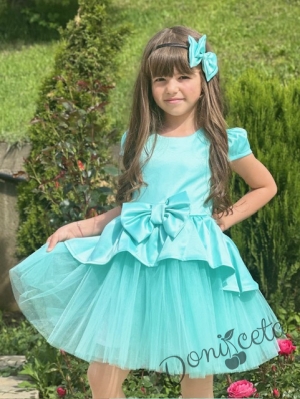 Комплект от детска официална рокля с къс ръкав и тюл в тюркоаз Надежда с болеро5