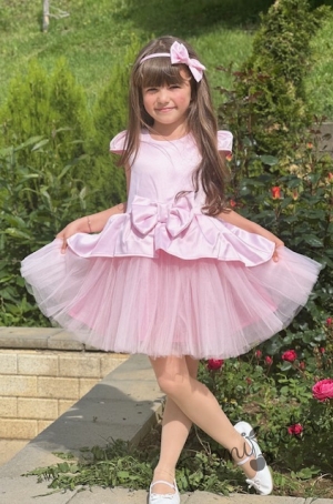 Детска официална рокля с къс ръкав и тюл в розово Надежда 54364603