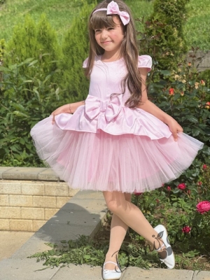 Детакса официална рокля с къс ръкав и тюл в розово Надежда 543646034