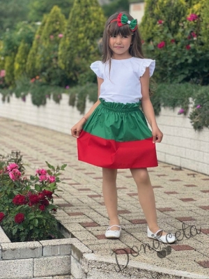 Комплект за момиче от детска пола в зелено и червено и блуза в бяло 