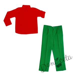 Комплект от 2 части панталон в зелено и риза с яка в червено с дълъг ръкав 1