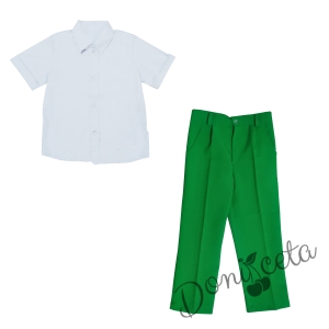 Комплект от 2 части панталон в зелено и риза с яка в бяло с къс ръкав 1