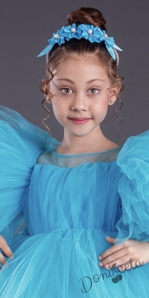 Официална детска къса рокля с тюл в синьо Луиза 2