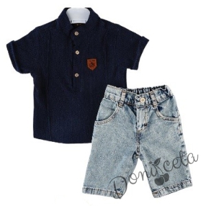 Летен комплект за момче риза с къс ръкав в черно и къси панталони в синьо 1