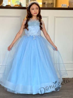 Formal children's long dress in white sleeveless with a tiara and a hoop underneath the skirt Sherry