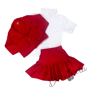 Комплект за момиче от 3 части - пола и сако в червено и риза в бяло 6793749372