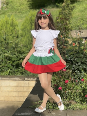 Комплект за момиче от детска пола в бяло, зелено и червено с панделка и блуза в бяло  1