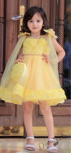 Официална детска къса рокля с тюл в жълто Елиа с чантичка 1