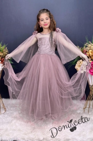 Официална детска дълга рокля в пепел от рози без ръкав с дантела и воали Виолета 1