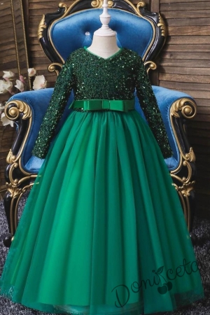 Официална детска рокля с дълъг ръкав в зелено Аксебия 1