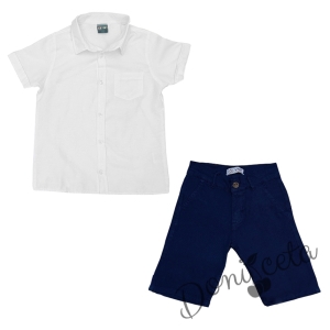 Летен комплект за момче от риза с къс ръкав в бяло и къси панталони в тъмносиньо