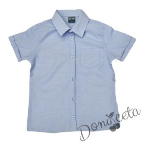 Летен комплект за момче риза с дълъг ръкав без яка и къси дънки в синьо 2