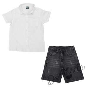 Летен комплект за момче риза с дълъг ръкав в бяло без яка и къси дънки в черно 1