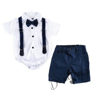 Бебешки комплект от панталон в тъмносиньо, боди-риза в бяло, тиранти и папийонка 768669789 1