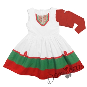 Детска етно рокля в бяло, зелено и червено за момиче с шевица и болеро в червено и фолклорни мотиви