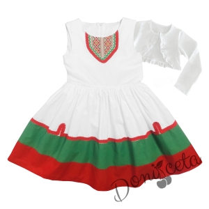 Детска рокля в бяло, зелено и червено за момиче с шевица и болеро в бяло