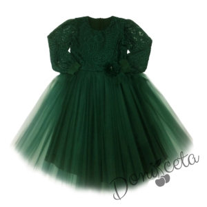 Официална дълга детска рокля Криска от дантела и тюл в тъмнозелено с дълъг ръкав 1