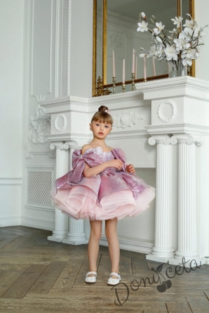 Официална детска рокля от богат тюл без ръкав в розово и панделки Медея 2