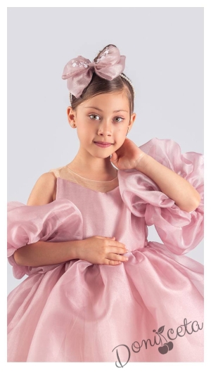 Официална детска рокля с тюл в розово Даян с панделка за коса 2