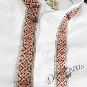 Детска риза с дълъг ръкав за момче/момиче в бяло без яка с фолклорни/етно мотиви 33 2