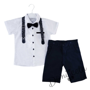 Летен комплект за момче от панталон в тъмносиньо, риза в бяло и орнаменти, тиранти и папийонка и сако в синьо 2