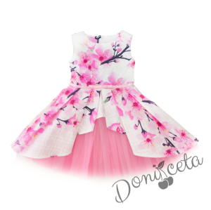 Детска официална рокля с цветя в розово тип клош с тюл и колан и болеро в бяло 2